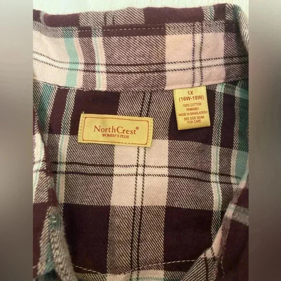 Northcrest Maroon Plaid Flannel Button-up Shirt Hi-Low Hem Front Pockets Size 1X - Picture 6 of 10